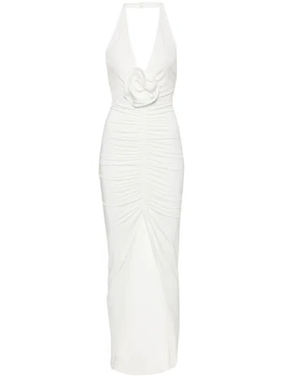 Nissa Floral-appliqué Ruched Gown In 白色