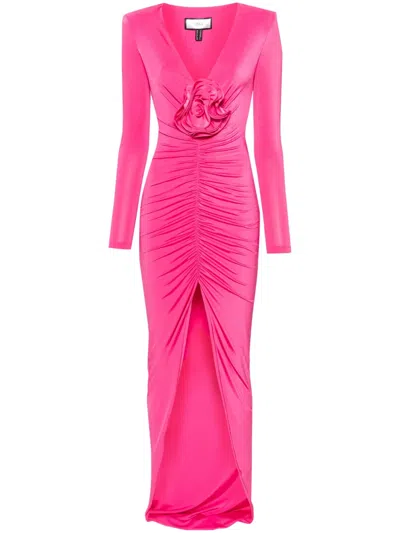 Nissa Floral-appliqué Satin Maxi Dress In Pink