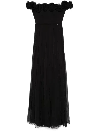 Nissa Floral-appliqué Silk Maxi Dress In 黑色