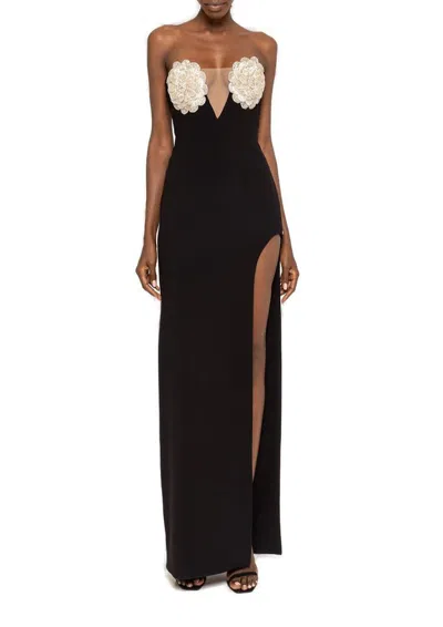 Nissa Floral-appliqué Crystal-embellished Maxi Dress In Black