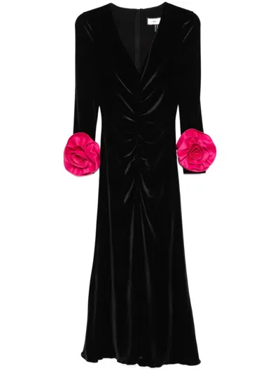 Nissa Floral-detail Velvet Midi Dress In Black