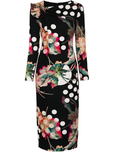 Nissa Floral-print Midi Dress In Black