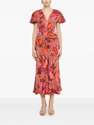 Nissa Floral Print Midi Dress In Red