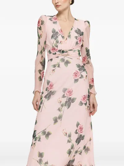 Nissa Floral-print Pearl Midi Dress In Pink