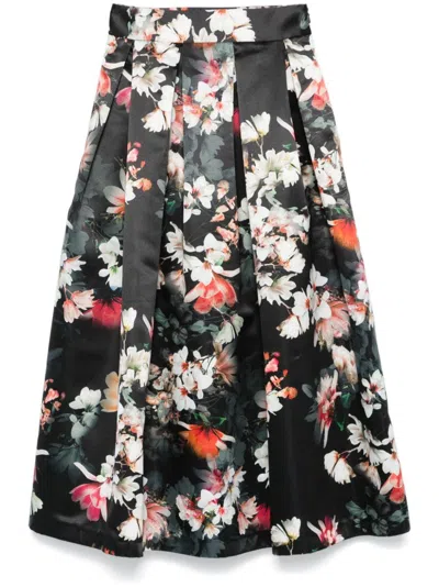 Nissa Floral-print Taffeta Midi Skirt In Black