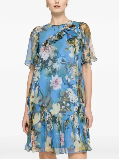 Nissa Floral Ruffled Silk Mini Dress In Blue