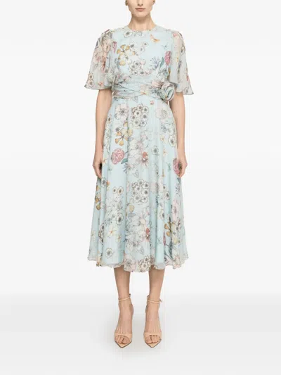 Nissa Floral Silk Midi Dress In Blue