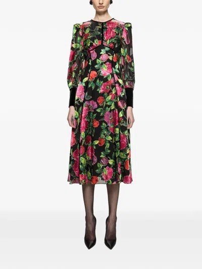 Nissa Floral Viscose-and-silk Midi Dress In Black