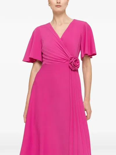 Nissa Floral-appliqué Pleated Midi Dress In Pink