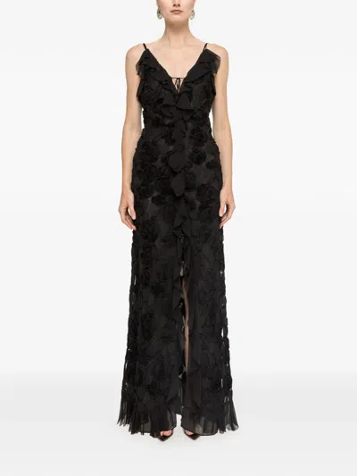 Nissa Floral-embroidered Ruffled Maxi Dress In Black