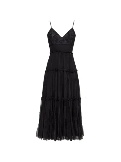 Nissa Floral-embroidered Silk Midi Dress In Black