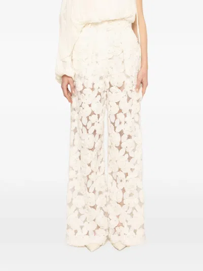 Nissa Floral-embroidery Wide-leg Trousers In Neutral