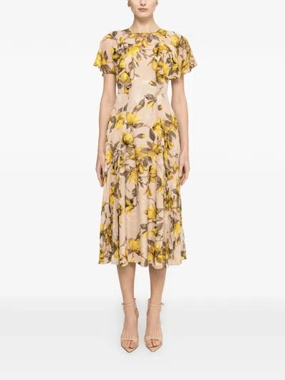 Nissa Floral-print Ruffled Midi Dress In Neutral