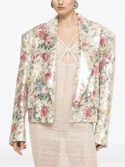 Nissa Floral-print Sequin-embellished Blazer In Brown
