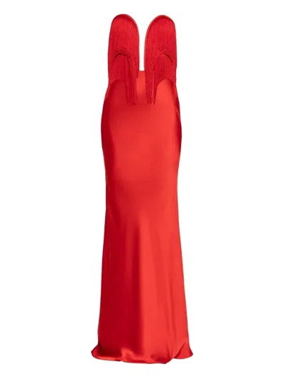 Nissa Fringe Satin Maxi Dress In Red