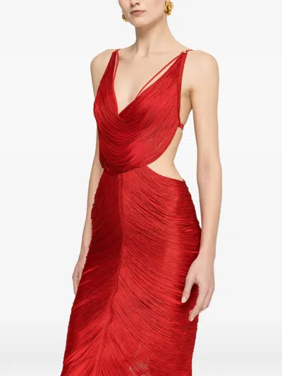 Nissa Fringed Backless Midi Dress In Red