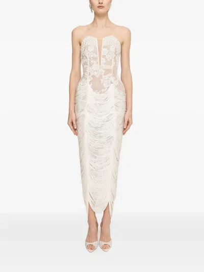 Nissa Fringed-hem Lace Midi Dress In White