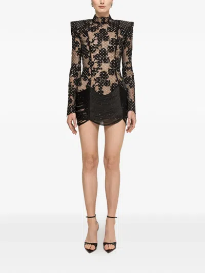 Nissa Fringed-hem Lace-embellished Mini Dress In Black