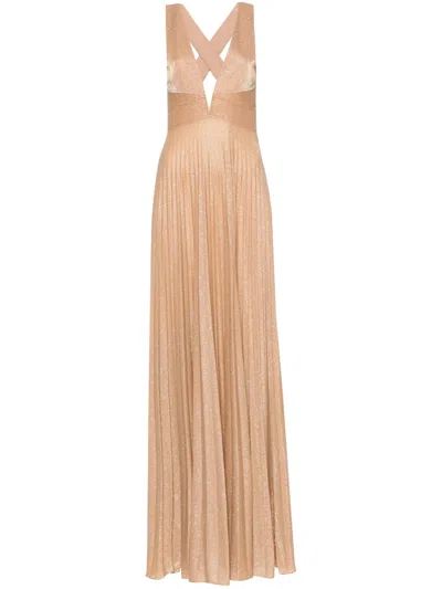 Nissa Glittery Plissé-effect Gown In Gold