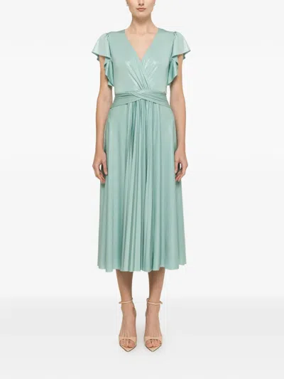 Nissa Glossy-effect Ruffled Midi Dress In Green