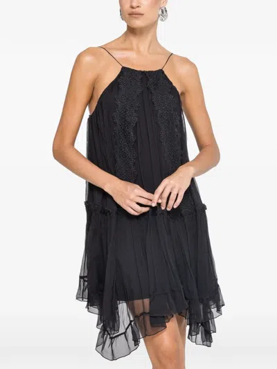 Nissa Lace Applique Silk Dress In Black