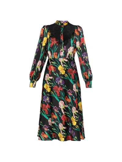 Nissa Lace-insert Printed Midi Dress In Black