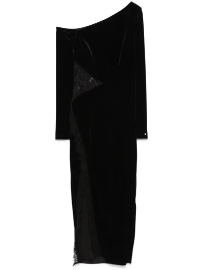 Nissa Lace-insert Velvet Midi Dress In Black