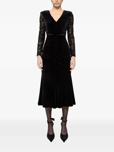 Nissa Lace-insert Velvet Midi Dress In Black