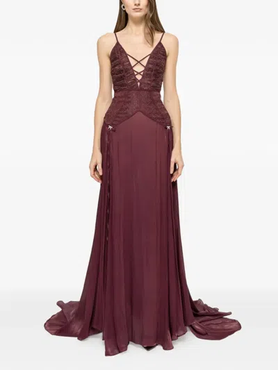 Nissa Lace-panel Chiffon Maxi Dress In Brown