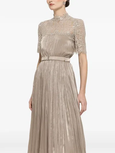 Nissa Lace Panel Pleated Midi Dress In Neutral