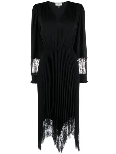 Nissa Lace-trim Pleated Midi Dress In Black