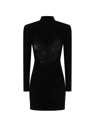 Nissa Lace-insert Ruched Mini Dress In Black