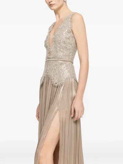 Nissa Lace-panel Chiffon Maxi Dress In Brown