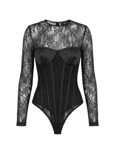 Nissa Lace-panelled Corset-style Bodysuit In Black
