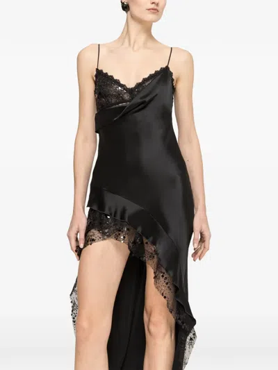 Nissa Lace-trim Sequin-embellished Asymmetric Dress In Black