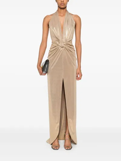 Nissa Backless High-shine Maxi Dress In Gold