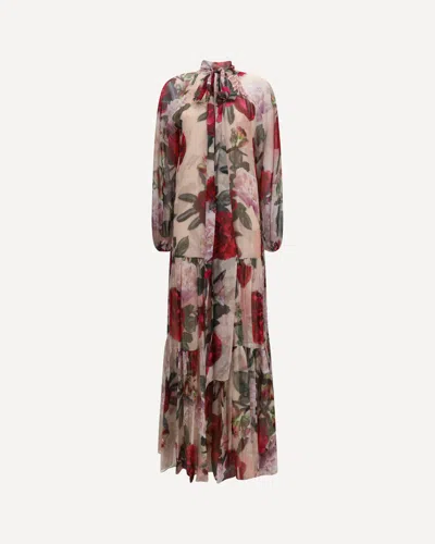 Nissa Long Silk Dress With Scarf Detail In Brown