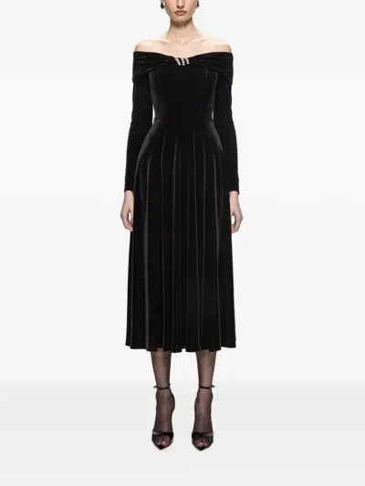 Nissa Off-shoulder Glitter Velvet Midi Dress In Black