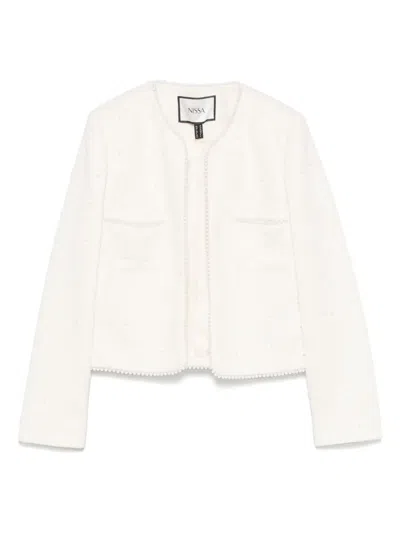 Nissa Pearl-detail Boucle Jacket In White