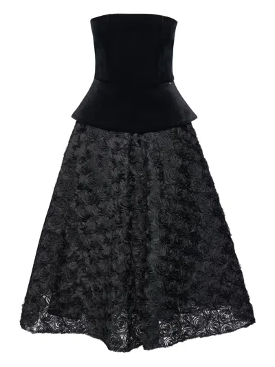 Nissa Petal-layered Velvet Midi Dress In Black