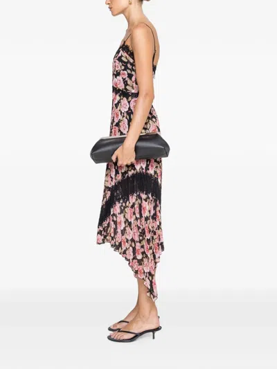 Nissa Pleated Floral Midi Dress In Black