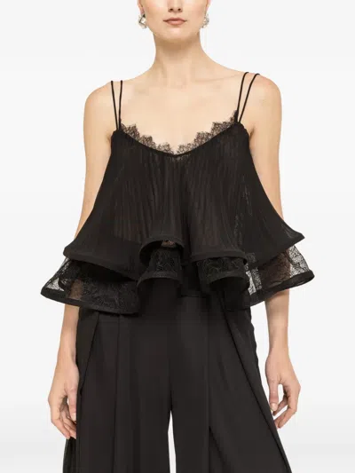 Nissa Pleated Lace-trim Broken Blouse In Black
