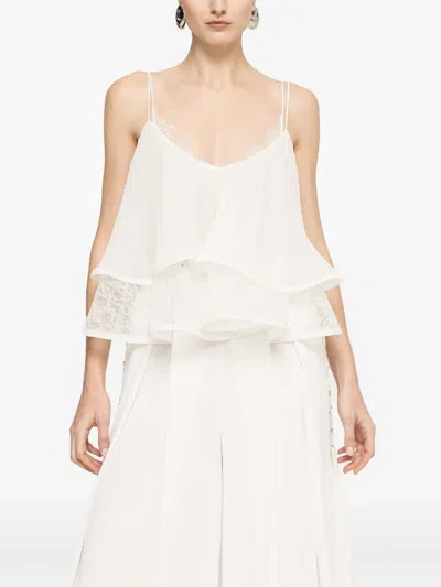 Nissa Pleated Lace-trimmed Top In Neutral