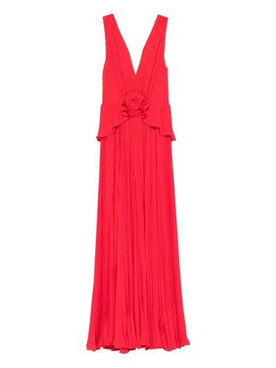 Nissa Pleated Rose-appliqué Maxi Dress In Red