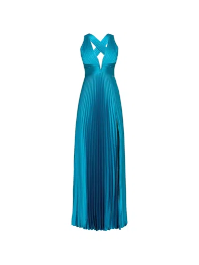 Nissa Pleated Satin Maxi Dress In Blue