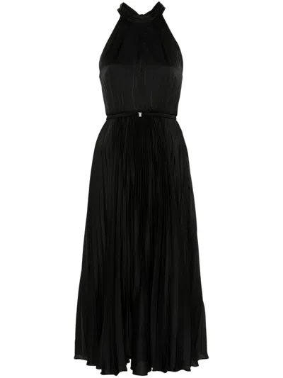 Nissa Pleated Satin Midi Dress In Black