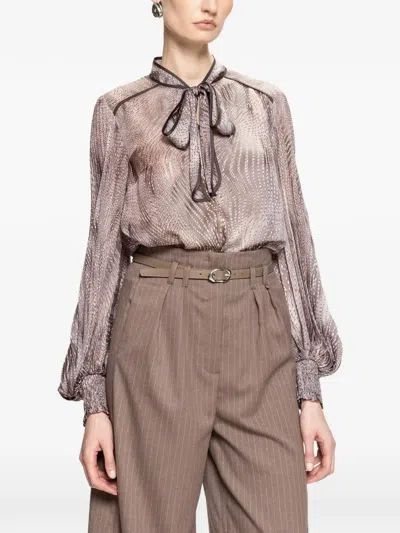 Nissa Printed Bow-neck Chiffon Top In Brown