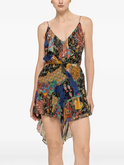 Nissa Printed Chiffon Asymmetric Mini Dress In Multi