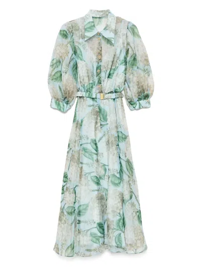 Nissa Printed Organza Midi Dress In Blue