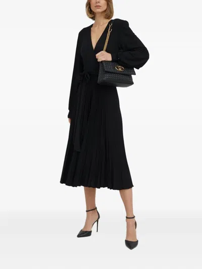 Nissa Puff-sleeves Belted Midi Dress In Black